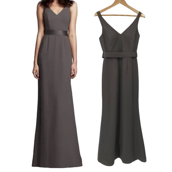 Vera Wang White Label Gown Crepe V Neck Sleeveles Open Back Belted Maxi Gray 2 - Picture 1 of 7